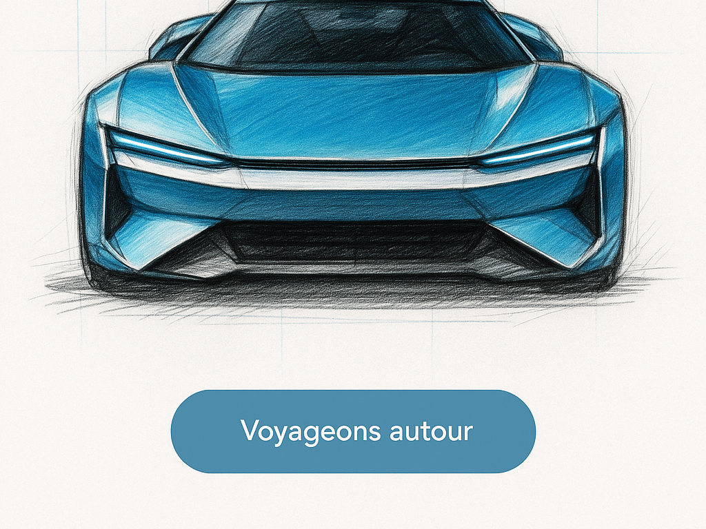 Croquis face avant, phares horizontaux futuristes et calandre de véhicule électrique