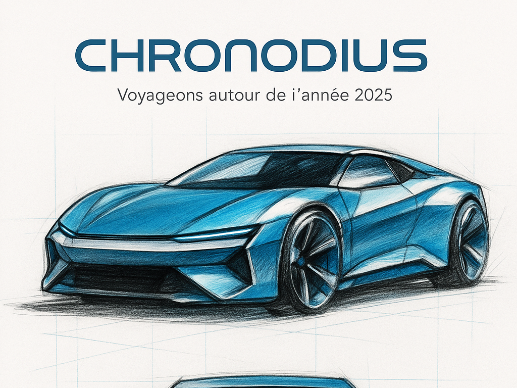 Croquis 3/4 avant d’une supercar futuriste, bleu électrique métallisé, accents argent, pneus esquissés, hachures